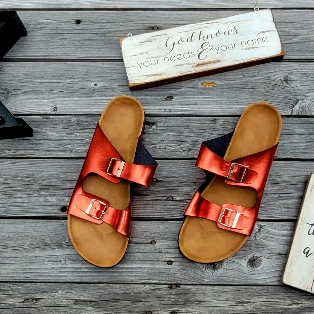Metallic Red Two Band Sandals - Picture 5 of 9